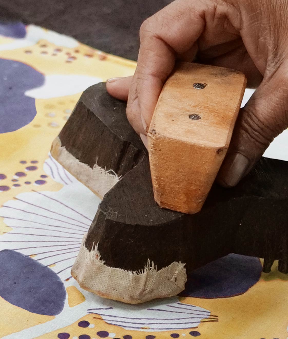 Detail of artisan's hand with a wooden block priting fabric