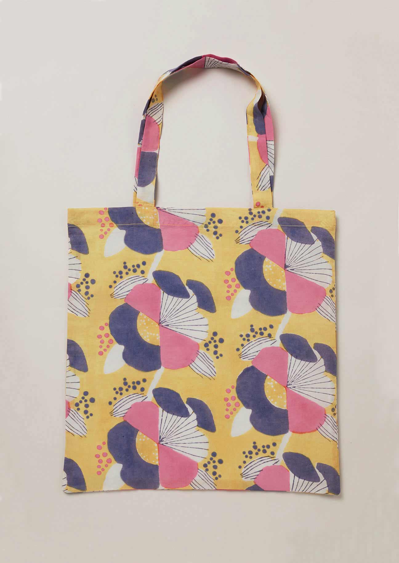 Yellow, navy, white and pink floral block printed tote bag.