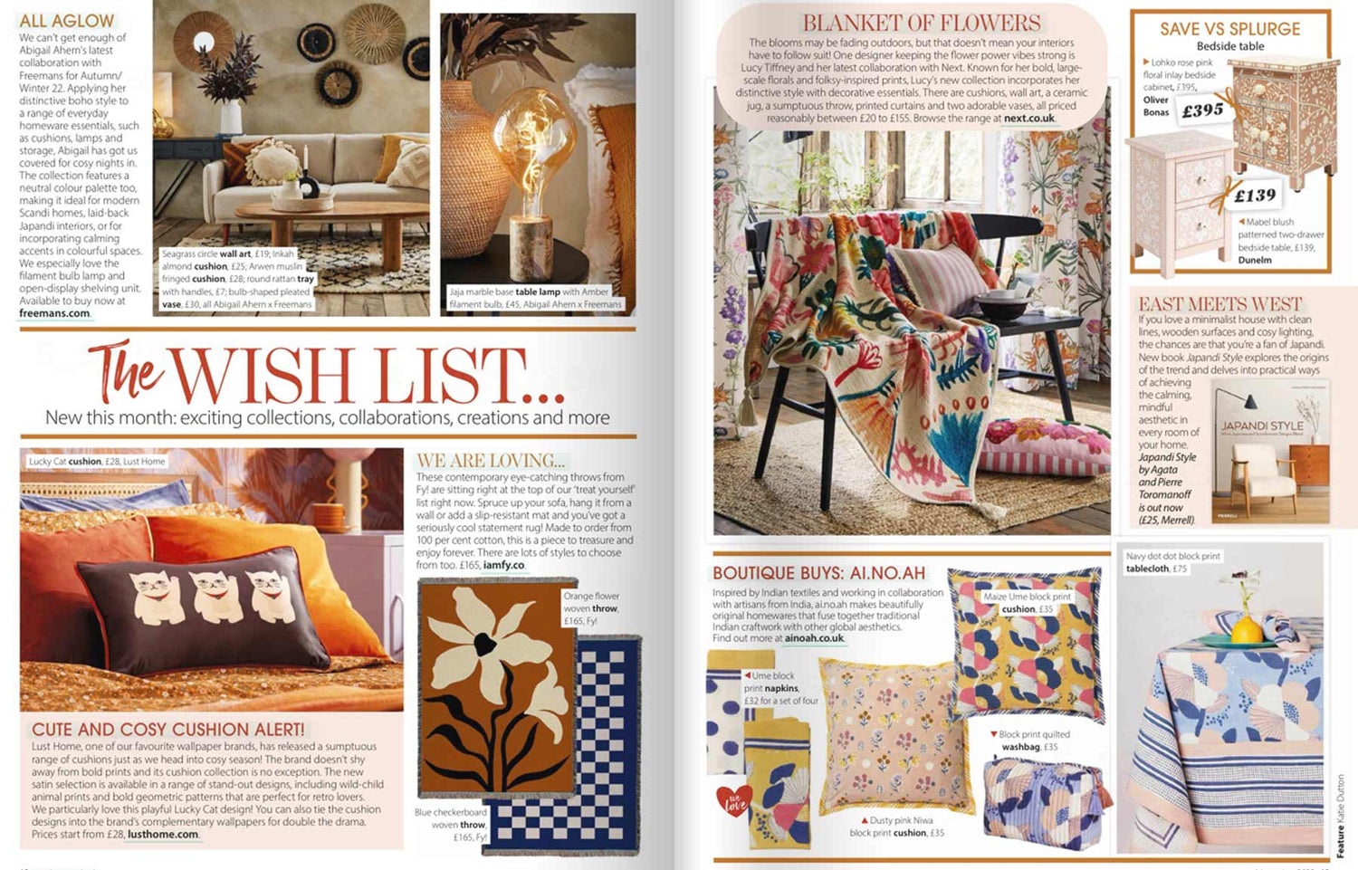 ainoah block printed collection featured in Home Style magazine November 2022