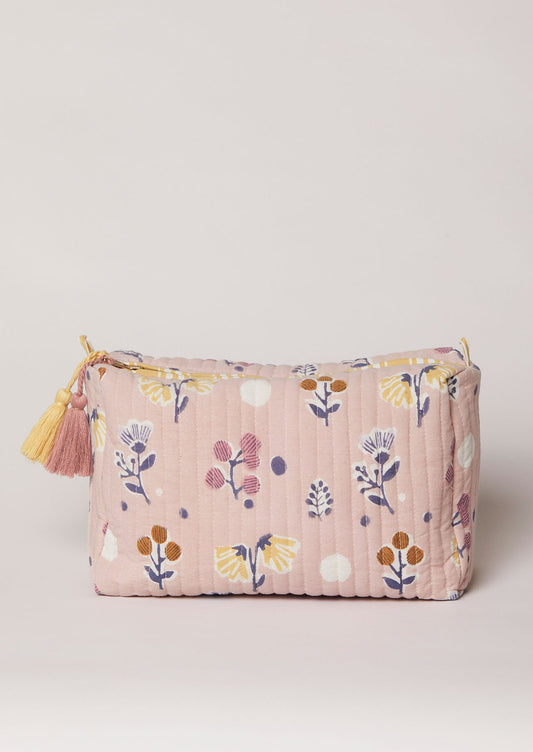 Dusky pink floral block-printed washbag with two colour decorative tassels.