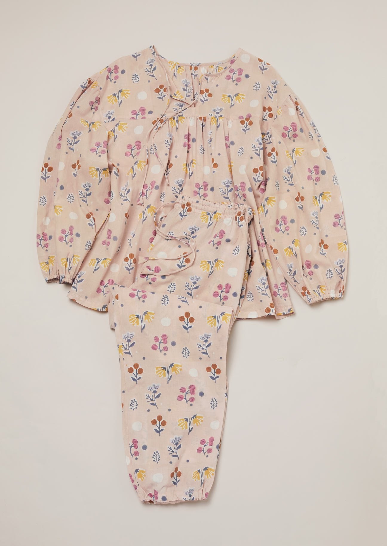Block printed dusty pink pyjama set in multicoloured small floral design.