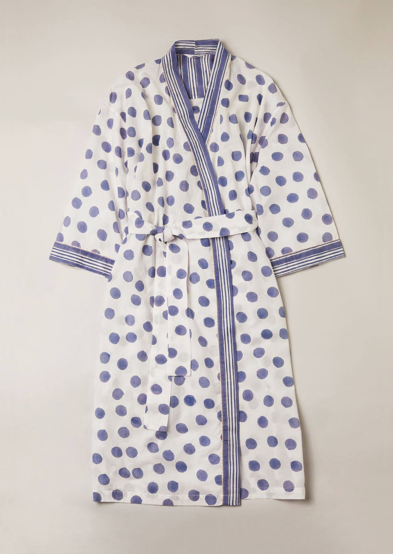 Navy and white block printed dot kimono style robe with contrast stripe belt.