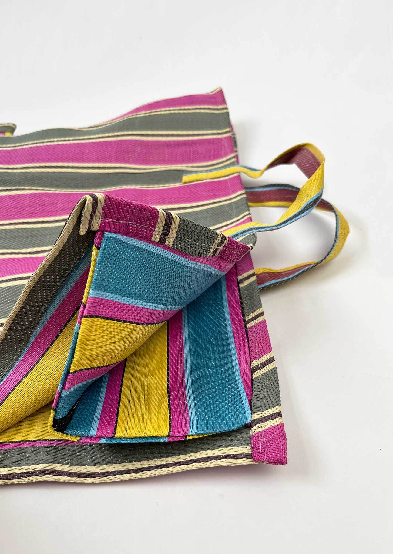 Stripe Market Bag | Mixed Panels Khaki, Orchid, Turquoise