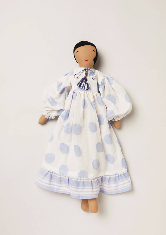 Upcycled rag doll with blue and white dot block printed dress