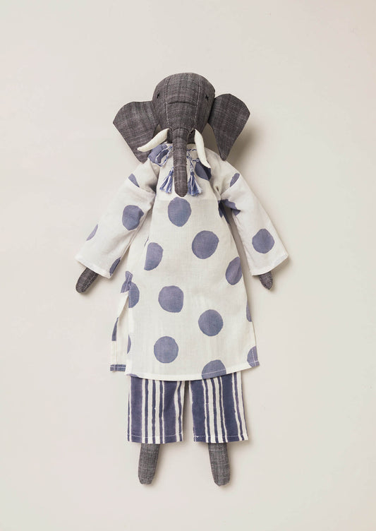Elephant rag doll with block printed navy and white stripe trousers and polka dot pyjama top.