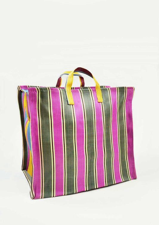 Stripe Market Bag | Mixed Panels Khaki, Orchid, Turquoise